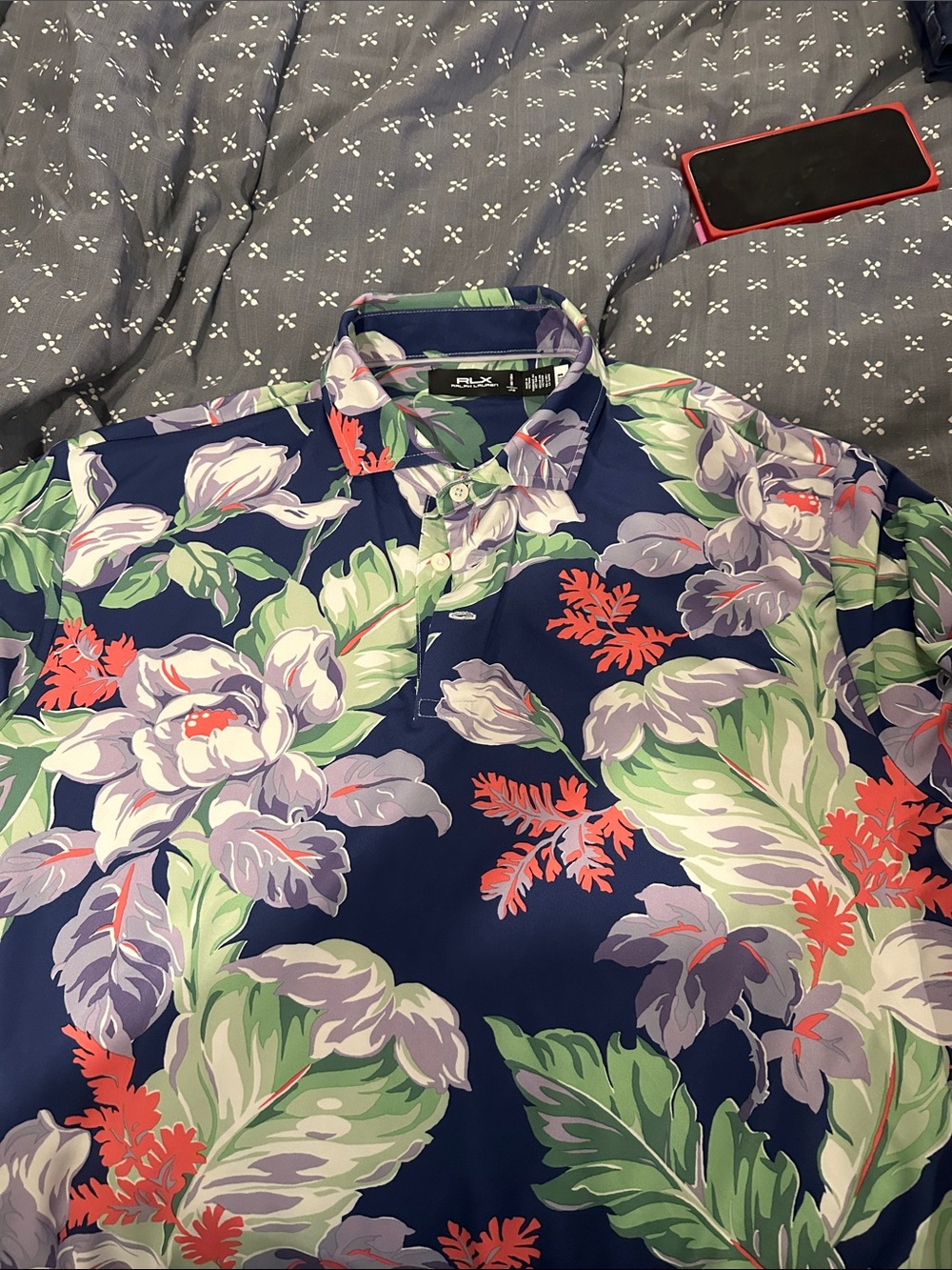 RLX Ralph Lauren Navy Floral Polo with Green Leaves and Coral Accents